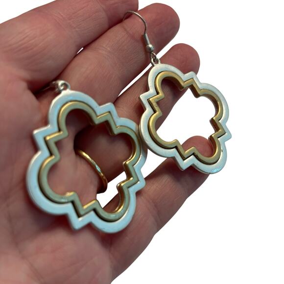 Pierced earrings brushed nickel & goldtone drop dangle fashion statement jewelry - Picture 5 of 8